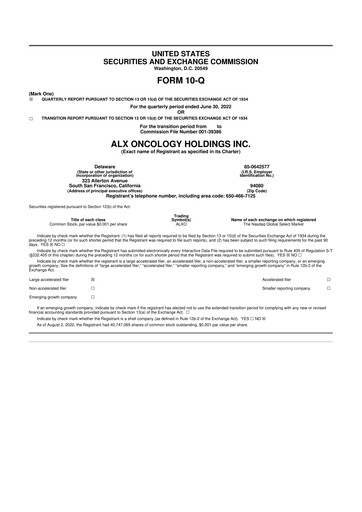 Vorschaubild ALX Oncology 10-Q Quartalsbericht  