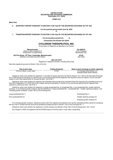 Miniature Cyclerion Therapeutics
 10-Q Rapport trimestriel 2022 