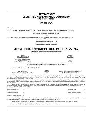Thumbnail Arcturus Therapeutics
 10-Q Quarterly Report FY 