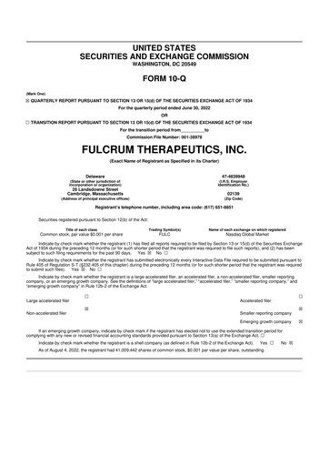 Miniature Fulcrum Therapeutics 10-Q Rapport trimestriel 2022 