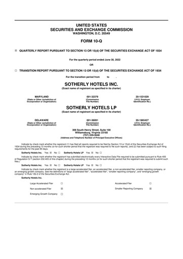 Miniature Sotherly Hotels 10-Q Rapport trimestriel  