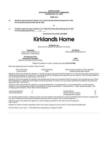 Thumbnail Kirkland's 10-Q Quarterly Report FY 