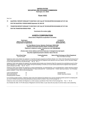 Thumbnail Avista
 10-Q Quarterly Report FY 