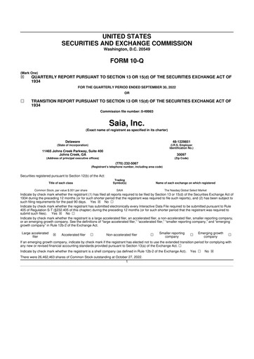 Thumbnail Saia
 10-Q Quarterly Report FY2022 