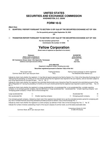 Thumbnail Yellow Corporation 10-Q Quarterly Report FY2022 