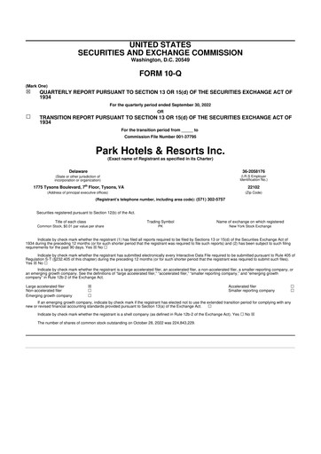 Thumbnail Park Hotels & Resorts

 10-Q Quarterly Report FY2022 