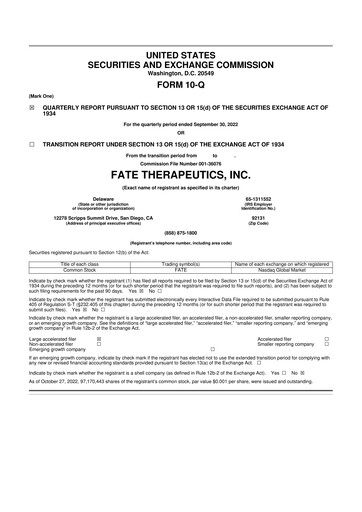 Thumbnail Fate Therapeutics
 10-Q Quarterly Report FY2022 