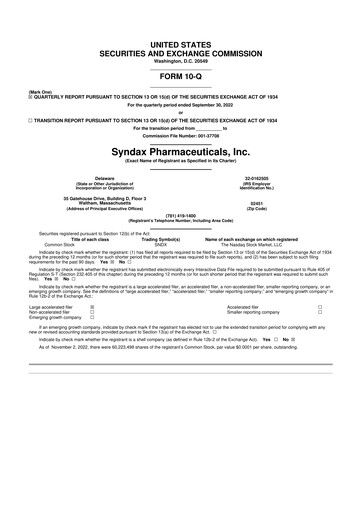 Thumbnail Syndax Pharmaceuticals 10-Q Quarterly Report FY 