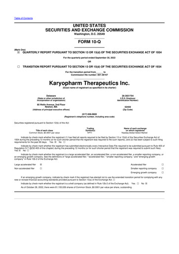 Thumbnail Karyopharm Therapeutics
 10-Q Quarterly Report FY2022 