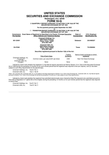 Thumbnail Cinemark Theatres
 10-Q Quarterly Report FY 