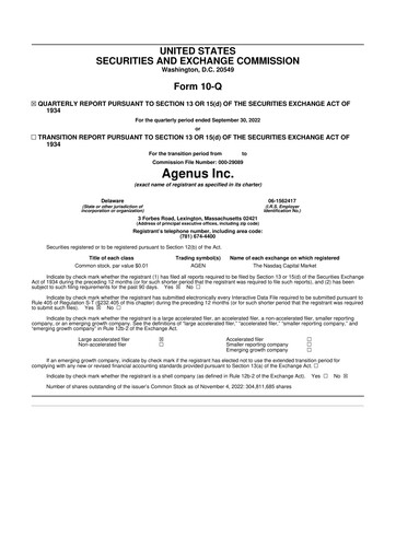 Thumbnail Agenus
 10-Q Quarterly Report FY2022 