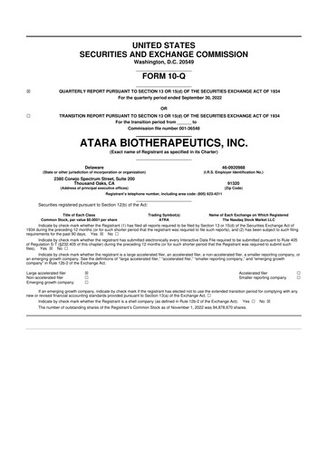 Miniature Atara Biotherapeutics 10-Q Rapport trimestriel  