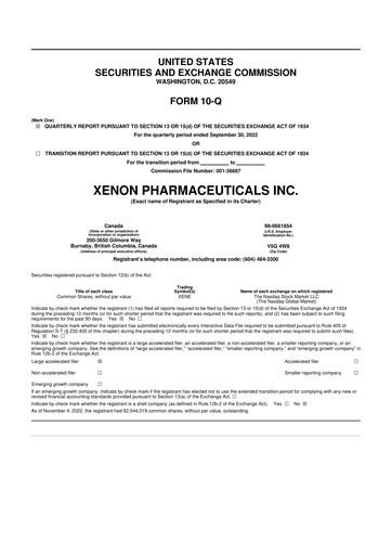 Thumbnail Xenon Pharmaceuticals 10-Q Quarterly Report FY 
