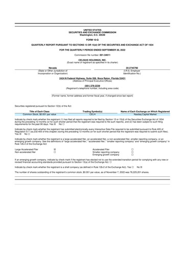 Thumbnail Celsius Holdings
 10-Q Quarterly Report FY2022 