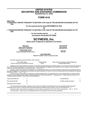 Thumbnail SCYNEXIS 10-Q Quarterly Report FY 