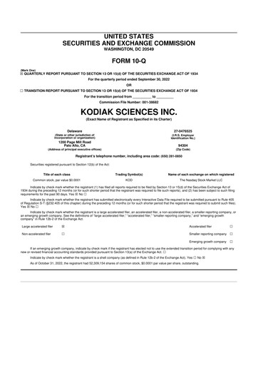 Miniature Kodiak Sciences
 10-Q Rapport trimestriel  