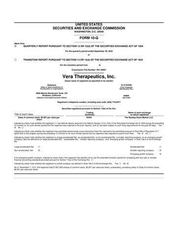 Miniature Vera Therapeutics 10-Q Rapport trimestriel 2022 