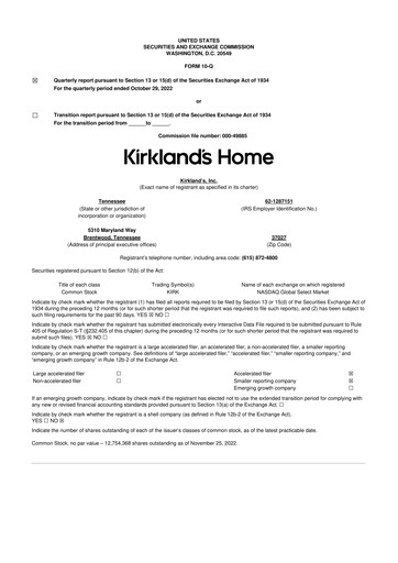 Thumbnail Kirkland's 10-Q Quarterly Report FY 