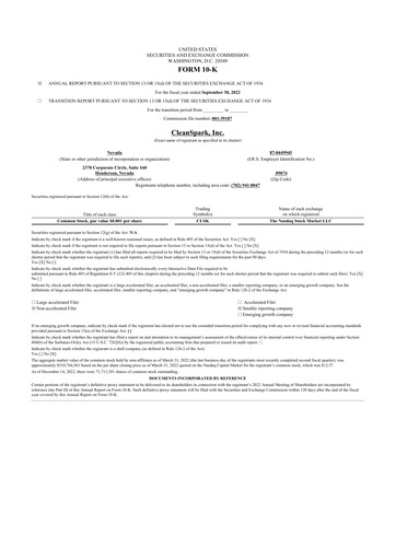 Thumbnail CleanSpark 10-K Annual Report 2022