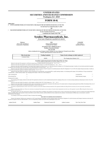 Thumbnail Syndax Pharmaceuticals 10-K Annual Report 2022