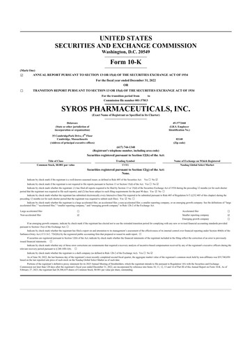Thumbnail Syros Pharmaceuticals
 10-K Annual Report 2022