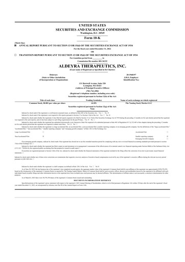 Miniature Aldeyra Therapeutics
 10-K Rapport annuel 2022