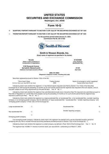 Thumbnail Smith & Wesson 10-Q Quarterly Report FY2023 
