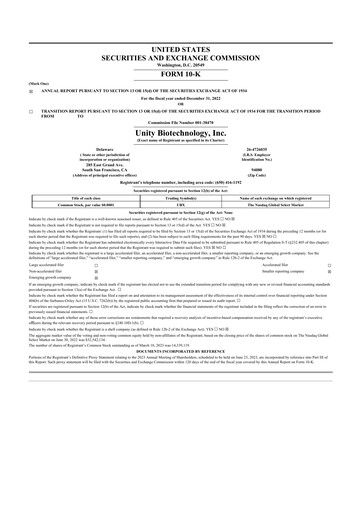 Miniature Unity Biotechnology
 10-K Rapport annuel 2022