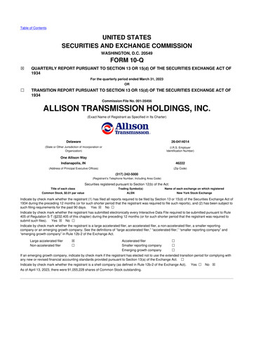 Thumbnail Allison Transmission
 10-Q Quarterly Report FY2023 