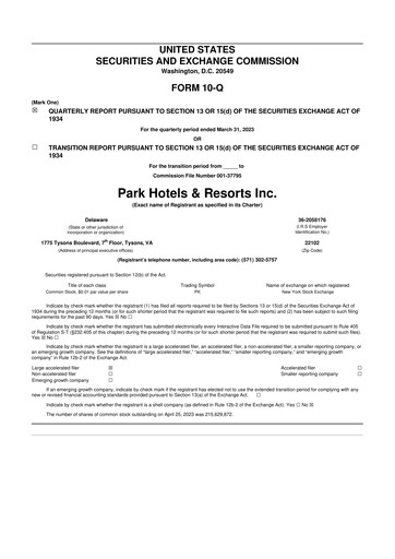 Thumbnail Park Hotels & Resorts

 10-Q Quarterly Report FY2023 