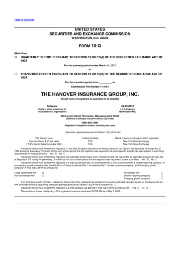 Thumbnail Hanover Insurance Group 10-Q Quarterly Report FY 