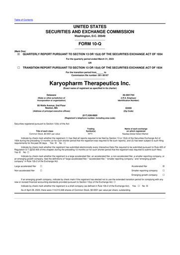 Thumbnail Karyopharm Therapeutics
 10-Q Quarterly Report FY2023 