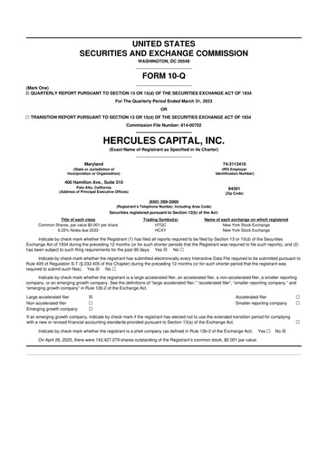 Thumbnail Hercules Capital
 10-Q Quarterly Report FY 