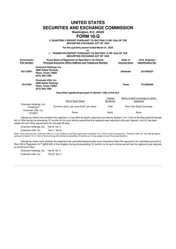 Thumbnail Cinemark Theatres
 10-Q Quarterly Report FY 
