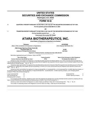 Miniature Atara Biotherapeutics 10-Q Rapport trimestriel  