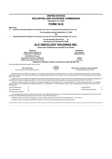 Vorschaubild ALX Oncology 10-Q Quartalsbericht  