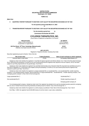 Miniature Cyclerion Therapeutics
 10-Q Rapport trimestriel 2023 