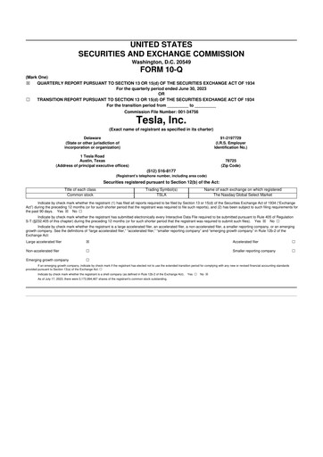 Thumbnail Tesla 10-Q Quarterly Report FY2023 