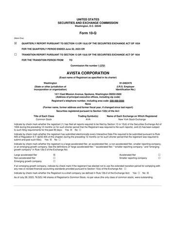 Thumbnail Avista
 10-Q Quarterly Report FY 