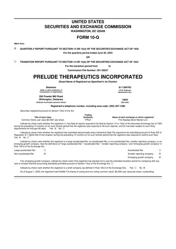 Miniature Prelude Therapeutics 10-Q Rapport trimestriel 2023 