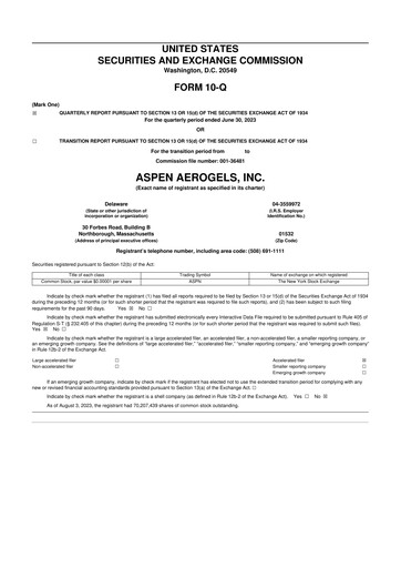 Miniature Aspen Aerogels 10-Q Rapport trimestriel 2023 
