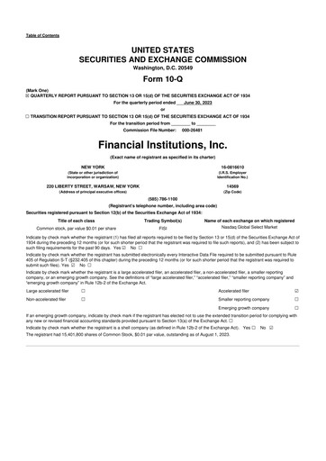 Thumbnail Financial Institutions 10-Q Quarterly Report FY 