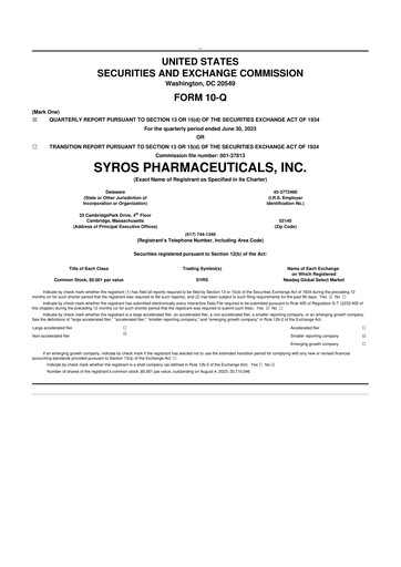 Thumbnail Syros Pharmaceuticals
 10-Q Quarterly Report FY2023 