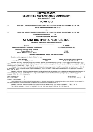 Miniature Atara Biotherapeutics 10-Q Rapport trimestriel  