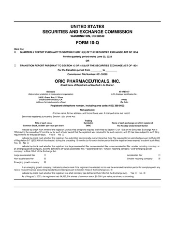 Thumbnail ORIC Pharmaceuticals
 10-Q Quarterly Report FY2023 