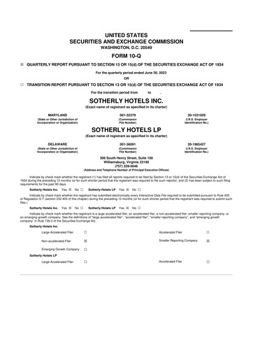 Miniature Sotherly Hotels 10-Q Rapport trimestriel  