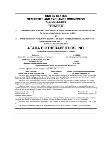 Miniature Atara Biotherapeutics 10-Q Rapport trimestriel  