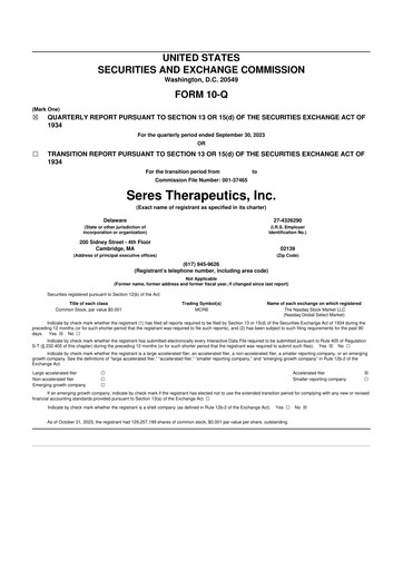 Thumbnail Seres Therapeutics 10-Q Quarterly Report FY2023 