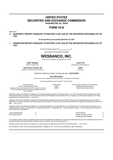Thumbnail WesBanco 10-Q Quarterly Report FY 
