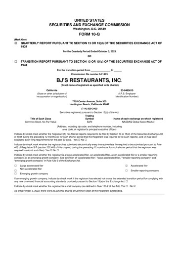 Thumbnail BJ's Restaurants
 10-Q Quarterly Report FY 